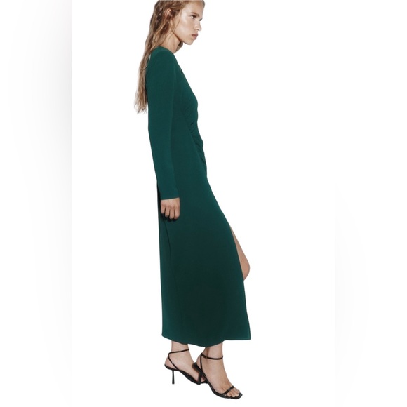 ZARA New Stunning Medium Gold Metal Piece Asymmetric Green MIDI Dress Front Slit - Picture 12 of 15